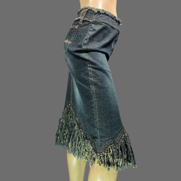 Vintage Parasuco Fringed Denim Midi Skirt Size S Dark Wash Grunge Festival - Picture 9 of 10